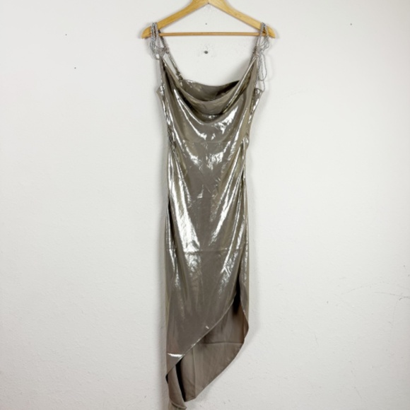 My Beachy Side Charlotte Gold Dress Old Hollywood Goddess Minimalist Luxury Sz S - Picture 4 of 8